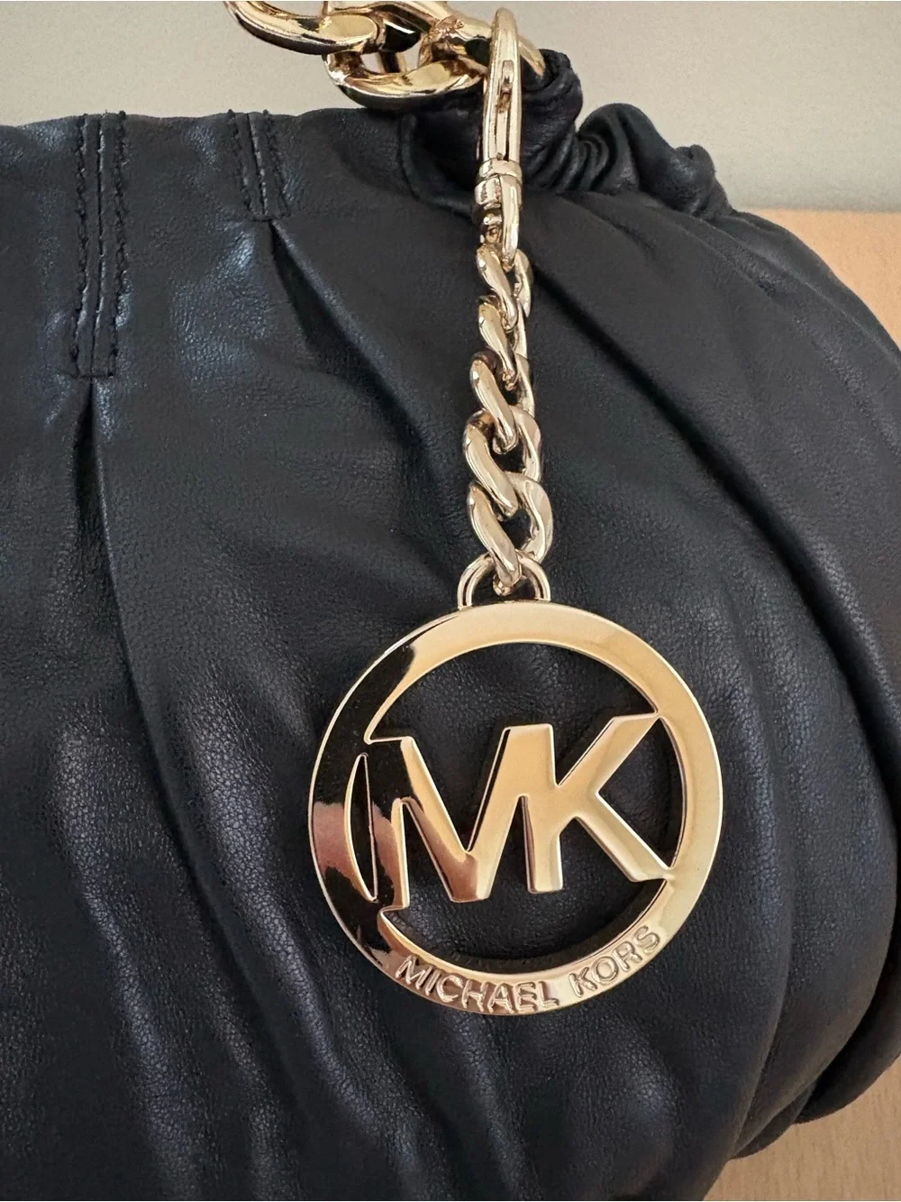 Michael Kors Erin Black Leather Shoulder Bag with Gold Chain and Charm